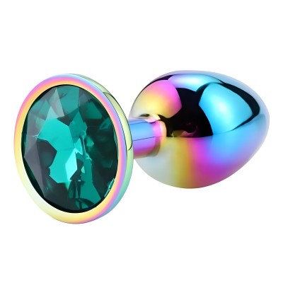 Разноцветная анальная пробка с зеленым камушком S Разноцветная анальная пробка с зеленым камушком S