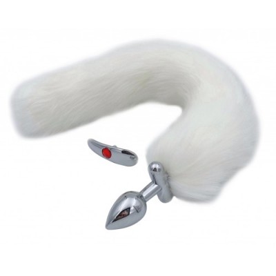 Металлическая анальная втулка со съемным белым хвостиком и пробкой с красным кристаллом Металлическая анальная втулка со съемным белым хвостиком и пробкой с красным кристаллом