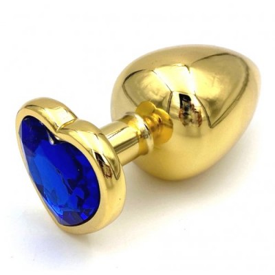 Золотистая анальная пробка с синим камушком в виде сердечка L Золотистая анальная пробка с синим камушком в виде сердечка L