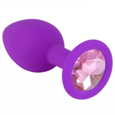 Анальная силиконовая пробка пурпурная с розовым кристаллом M Анальная силиконовая пробка пурпурная с розовым кристаллом M