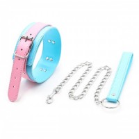Ошейник розово-голубой с поводком на цепи