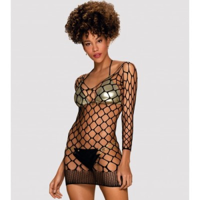 Черное мини-платье в крупную сетку с рукавами OS Черное мини-платье в крупную сетку с рукавами OS