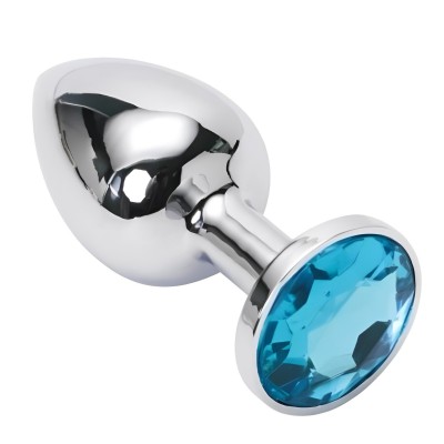 Металлическая анальная пробка с голубым камушком L