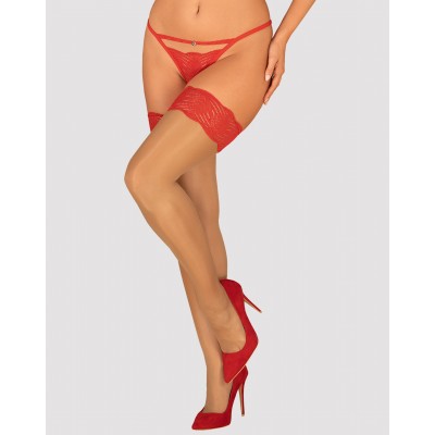 Нюдовые чулки с красной кружевной резинкой Mellania L/XL