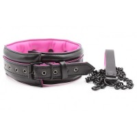 Черно-розовый ошейник с поводком на цепи Черно-розовый ошейник с поводком на цепи