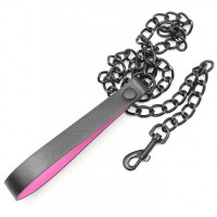 Черно-розовый ошейник с поводком на цепи Черно-розовый ошейник с поводком на цепи