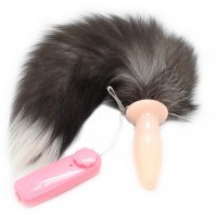 Телесная анальная пробка с бурым хвостом и вибрацией 55 см Телесная анальная пробка с бурым хвостом и вибрацией 55 см