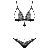Черный кружевной комплект с обнаженной грудью и трусиками-стрингами Romanesa L/XL