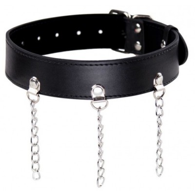 Черный БДСМ ошейник декорированный металлическими цепочками Черный БДСМ ошейник декорированный металлическими цепочками