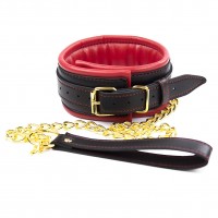 Черно-красный ошейник с поводком на золотой цепи
