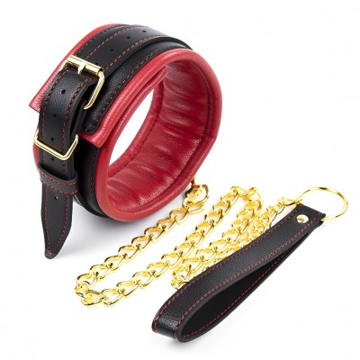 Черно-красный ошейник с поводком на золотой цепи