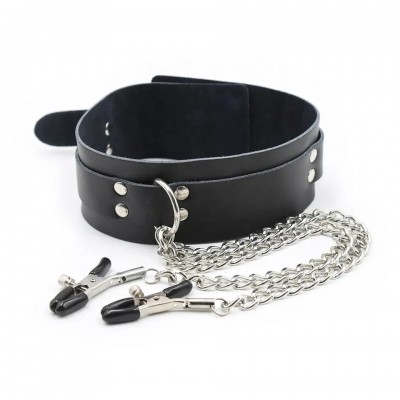 Черный ошейник с зажимами на соски
