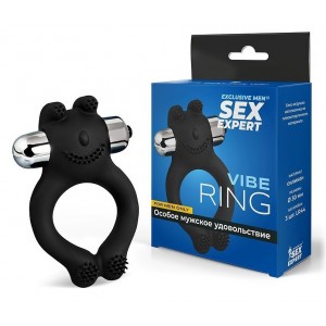 Черное силиконовое эрекционное виброкольцо Sex Expert