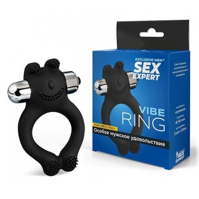 Черное силиконовое эрекционное виброкольцо Sex Expert