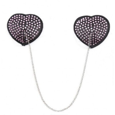 Черные пэстисы-сердечки с розовыми стразами и цепочкой