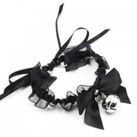 Эротический чокер с черными атласными лентами и бубенчиком Эротический чокер с черными атласными лентами и бубенчиком