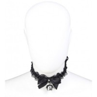 Эротический чокер с черными атласными лентами и бубенчиком Эротический чокер с черными атласными лентами и бубенчиком