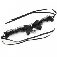 Эротический чокер с черными атласными лентами и бубенчиком Эротический чокер с черными атласными лентами и бубенчиком