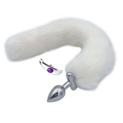 Металлическая анальная втулка со съемным белым хвостиком и пробкой с фиолетовым кристаллом