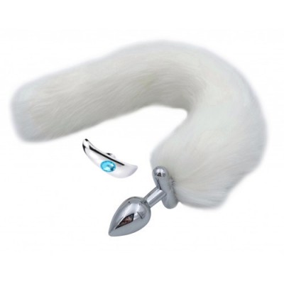 Металлическая анальная втулка со съемным белым хвостиком и пробкой с голубым кристаллом