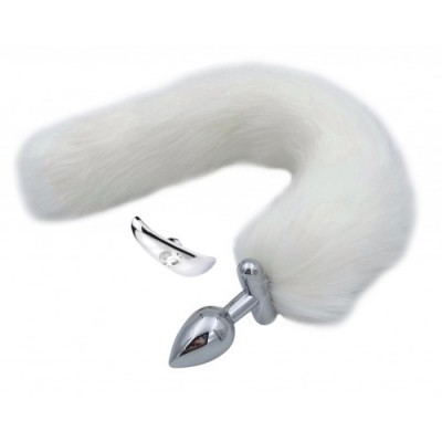 Металлическая анальная втулка со съемным белым хвостиком и пробкой с прозрачным кристаллом