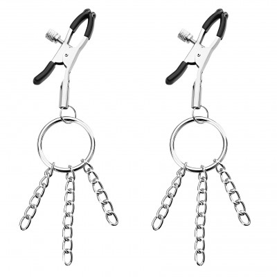 Зажимы для сосков серебристые с кольцами и цепями Зажимы для сосков серебристые с кольцами и цепями