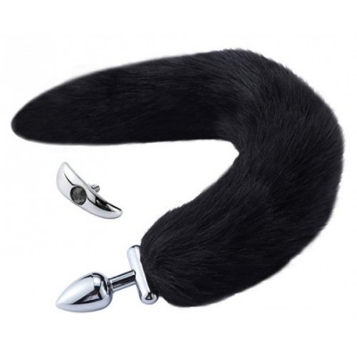 Металлическая анальная втулка со съемным черным хвостиком и пробкой с черным кристаллом