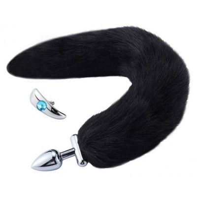 Металлическая анальная втулка со съемным черным хвостиком и пробкой с голубым кристаллом Металлическая анальная втулка со съемным черным хвостиком и пробкой с голубым кристаллом