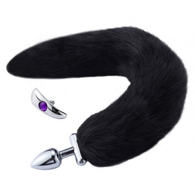 Металлическая анальная втулка со съемным черным хвостиком и пробкой с фиолетовым кристаллом Металлическая анальная втулка со съемным черным хвостиком и пробкой с фиолетовым кристаллом