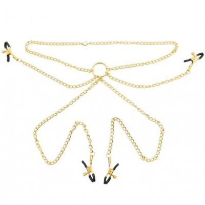 Золотистые зажимы на соски и половые губы с цепью на шею