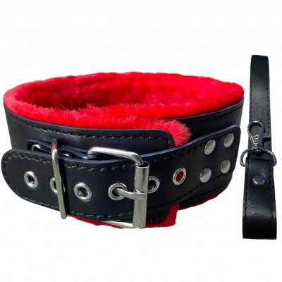 Черный ошейник с красным мехом и поводком Черный ошейник с красным мехом и поводком