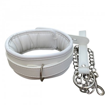 Мягкий белый ошейник с металлическим поводком