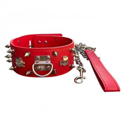 Широкий красный ошейник с шипами и поводком