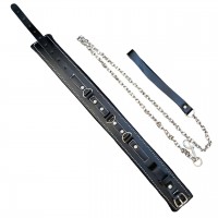 Кожаный черный ошейник со стразами и поводком Кожаный черный ошейник со стразами и поводком