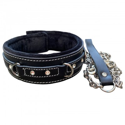 Кожаный черный ошейник со стразами и поводком Кожаный черный ошейник со стразами и поводком
