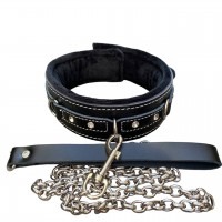 Кожаный черный ошейник со стразами и поводком Кожаный черный ошейник со стразами и поводком