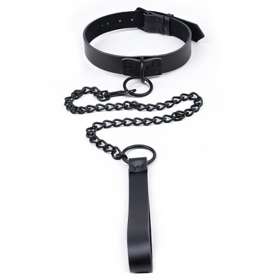 Черный БДСМ ошейник из натуральной кожи с черным поводком