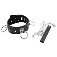 Черный ошейник с кольцами на поводке