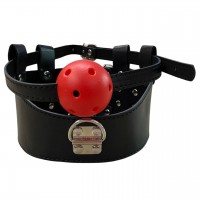 Широкий черный ошейник с красным кляпом и поводком Широкий черный ошейник с красным кляпом и поводком