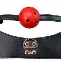 Широкий черный ошейник с красным кляпом и поводком Широкий черный ошейник с красным кляпом и поводком
