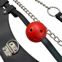 Широкий черный ошейник с красным кляпом и поводком Широкий черный ошейник с красным кляпом и поводком