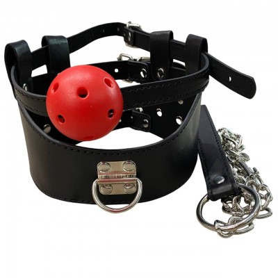 Широкий черный ошейник с красным кляпом и поводком Широкий черный ошейник с красным кляпом и поводком