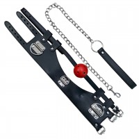 Широкий черный ошейник с красным кляпом и поводком Широкий черный ошейник с красным кляпом и поводком