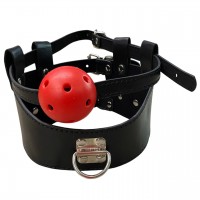 Широкий черный ошейник с красным кляпом и поводком Широкий черный ошейник с красным кляпом и поводком