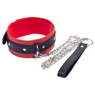 Черно-красный БДСМ ошейник с поводком