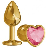 Золотистая анальная пробка с розовым камушком в виде сердечка L
