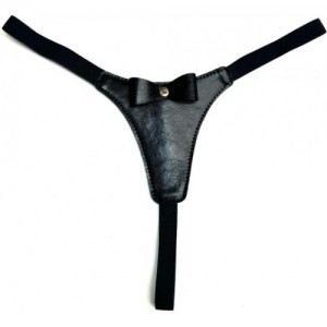 Сексуальные стринги черного цвета из экокожи декорированные бантиком