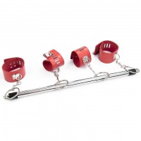 Красная бондажная распорка с наручниками и поножами