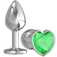 Металлическая анальная пробка с зеленым камушком в виде сердечка M