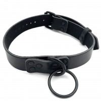 Черный БДСМ ошейник из натуральной кожи с черным поводком